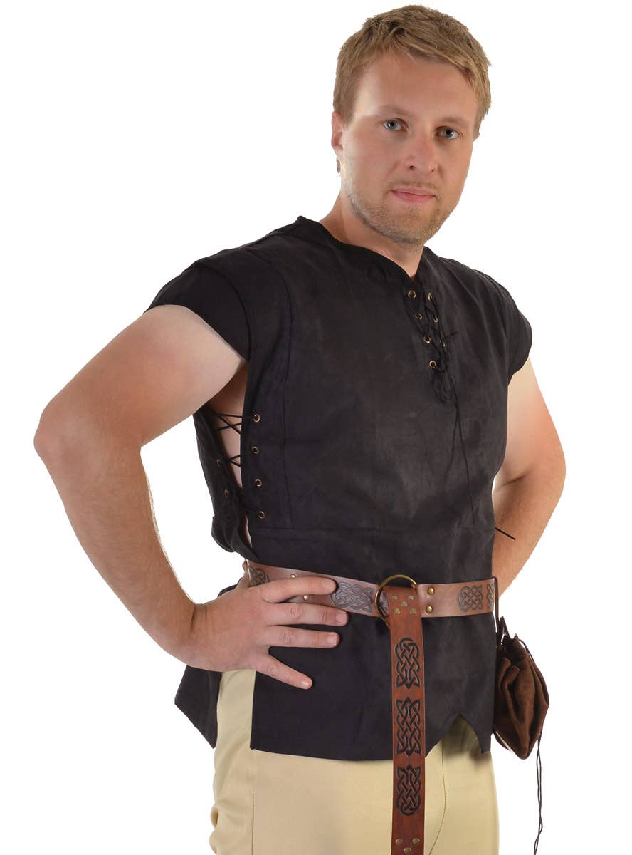 Image of Lace Up Black Suede Men's Medieval Costume Shirt - Close Front Image