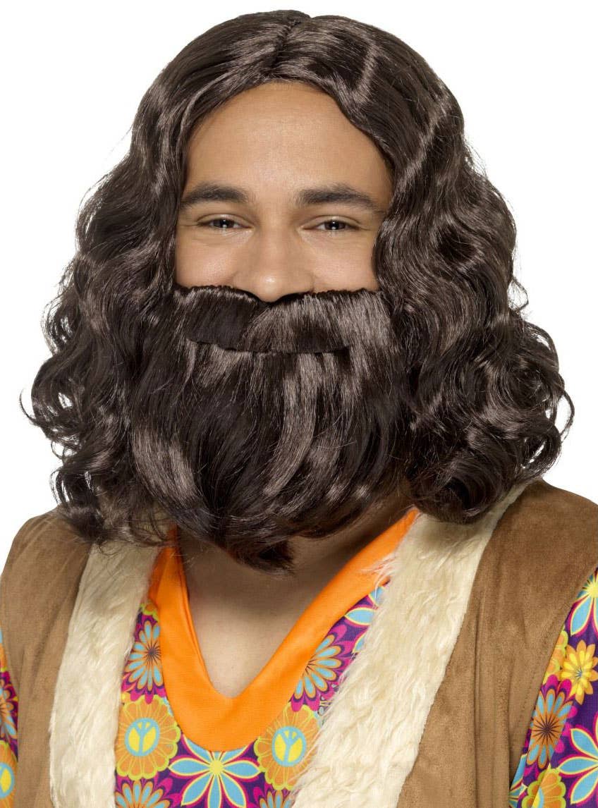 Mid Length Curly Brown Men's Hippie Costume Wig and Beard Set