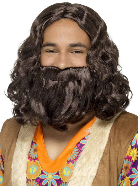 Mid Length Curly Brown Men's Hippie Costume Wig and Beard Set