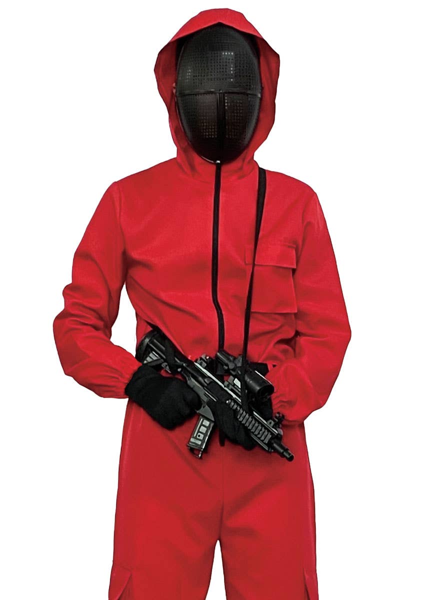 Image of Hooded Red Jumpsuit Men's Costume - Close Image