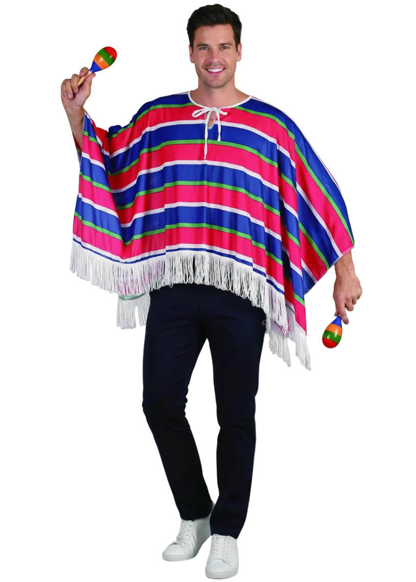 Adult's Red and Blue Mexican Poncho - Main Image