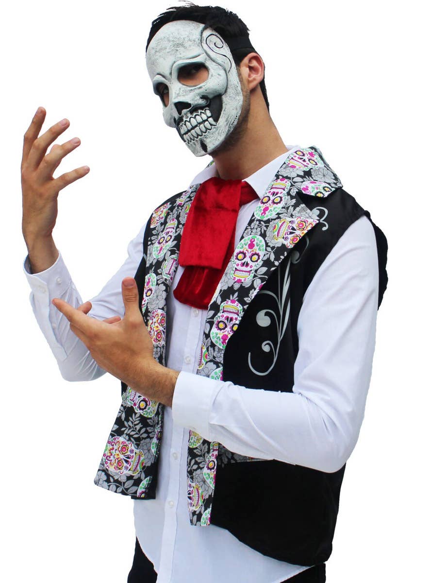 Image of Mr Catrin Day of the Dead Men's Vest and Mask Costume - Main Image
