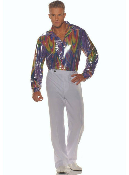 Metallic Rainbow Swirl Men's 1970s Disco Costume Shirt