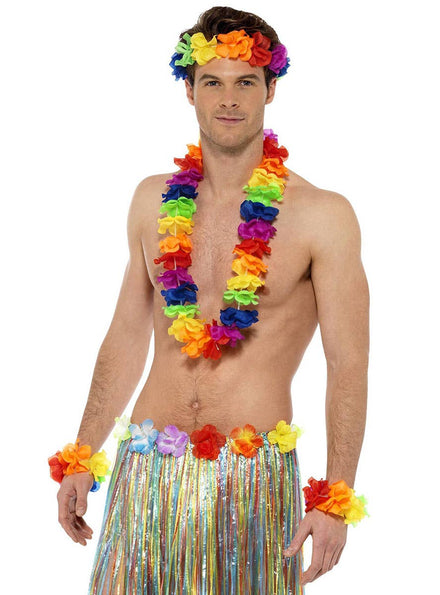 Image of Rainbow Hawaiian Flower Lei Accessory Set - Main Image