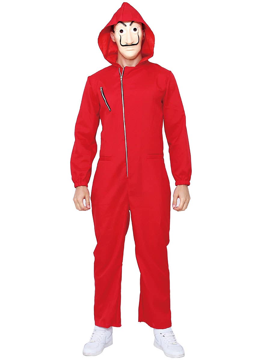 Adult's Red Money Heist Inspired Costume Jumpsuit with Dali Mask - Full Length Image