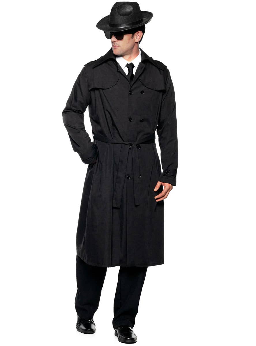Mens Black Secret Agent Trench Coat Costume