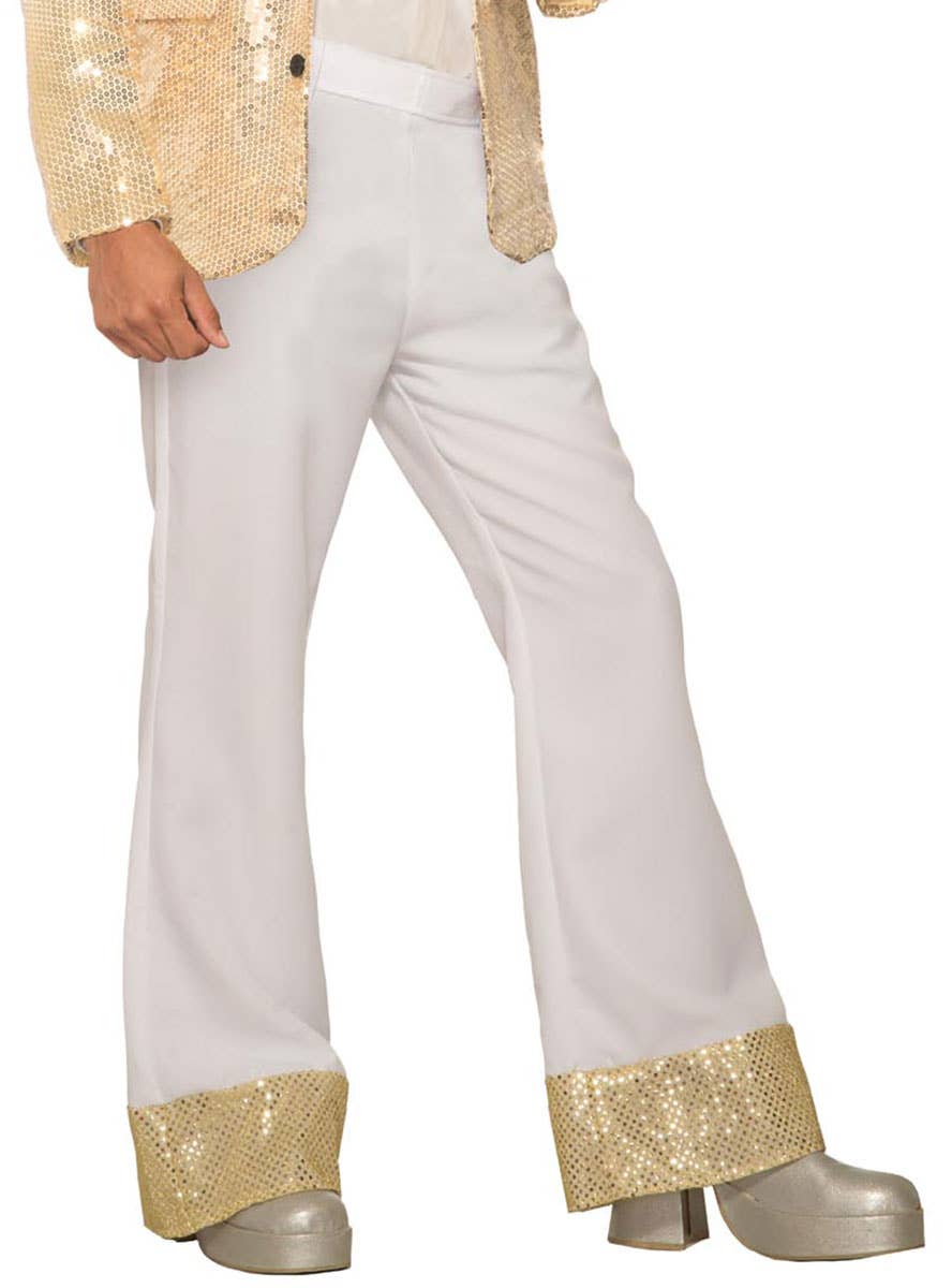 Mens White Disco Costume Pants with Gold Sequin Trim - Close Up Image