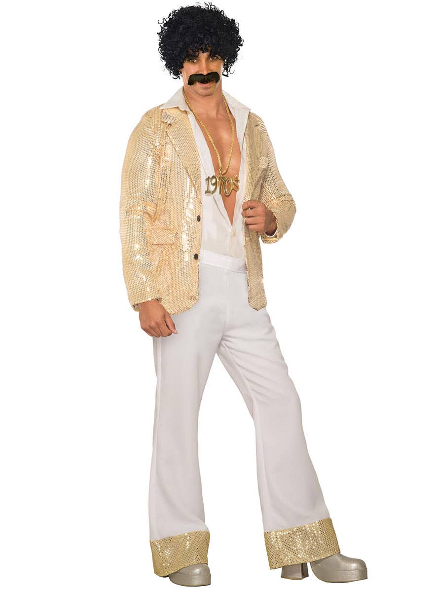 Mens White Disco Costume Pants with Gold Sequin Trim - Main Image