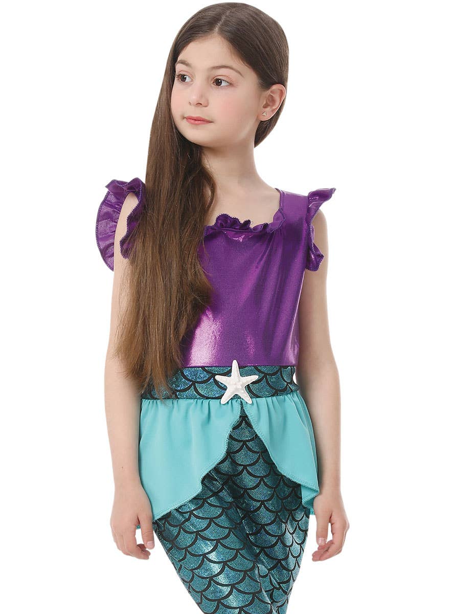 Image of Shimmery Teal and Purple Girl's Mermaid Costume - Close View