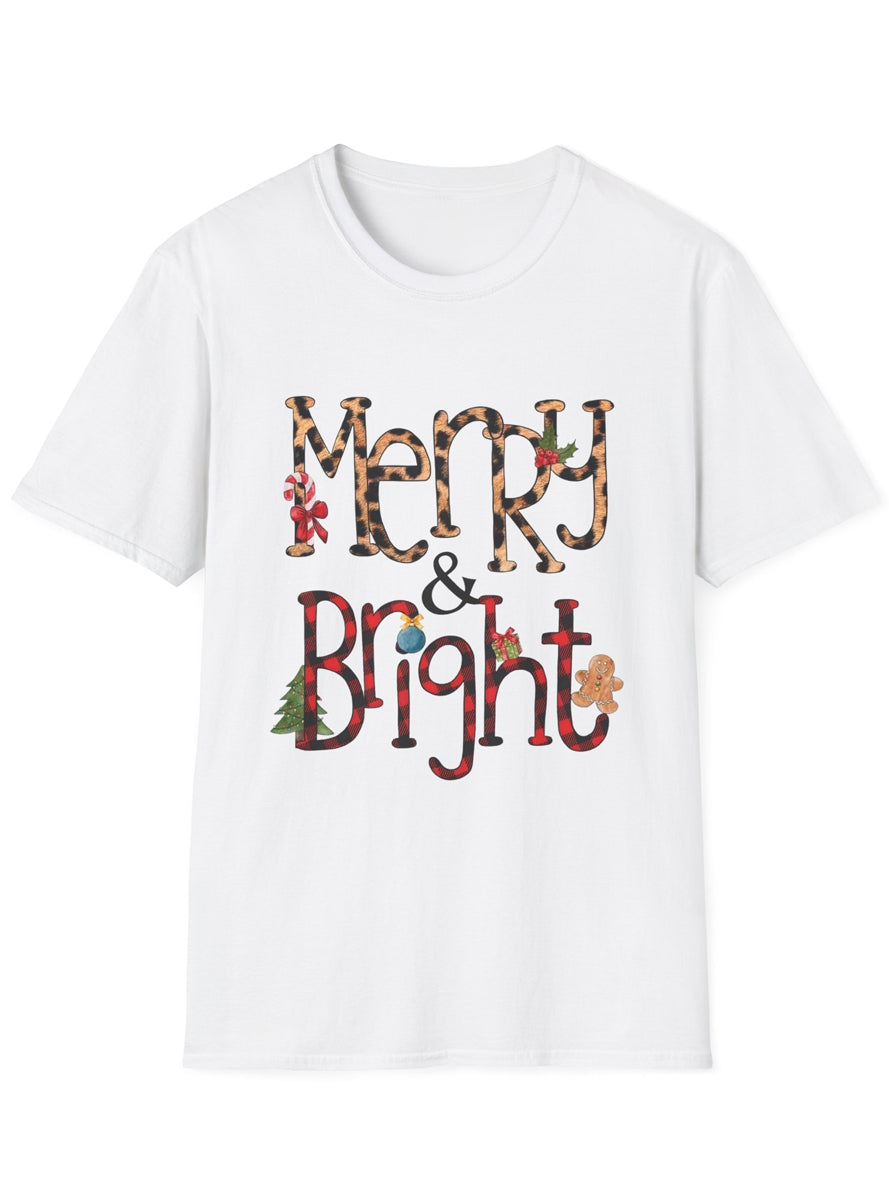 White Adults Christmas T-Shirt with Merry and Bright Print