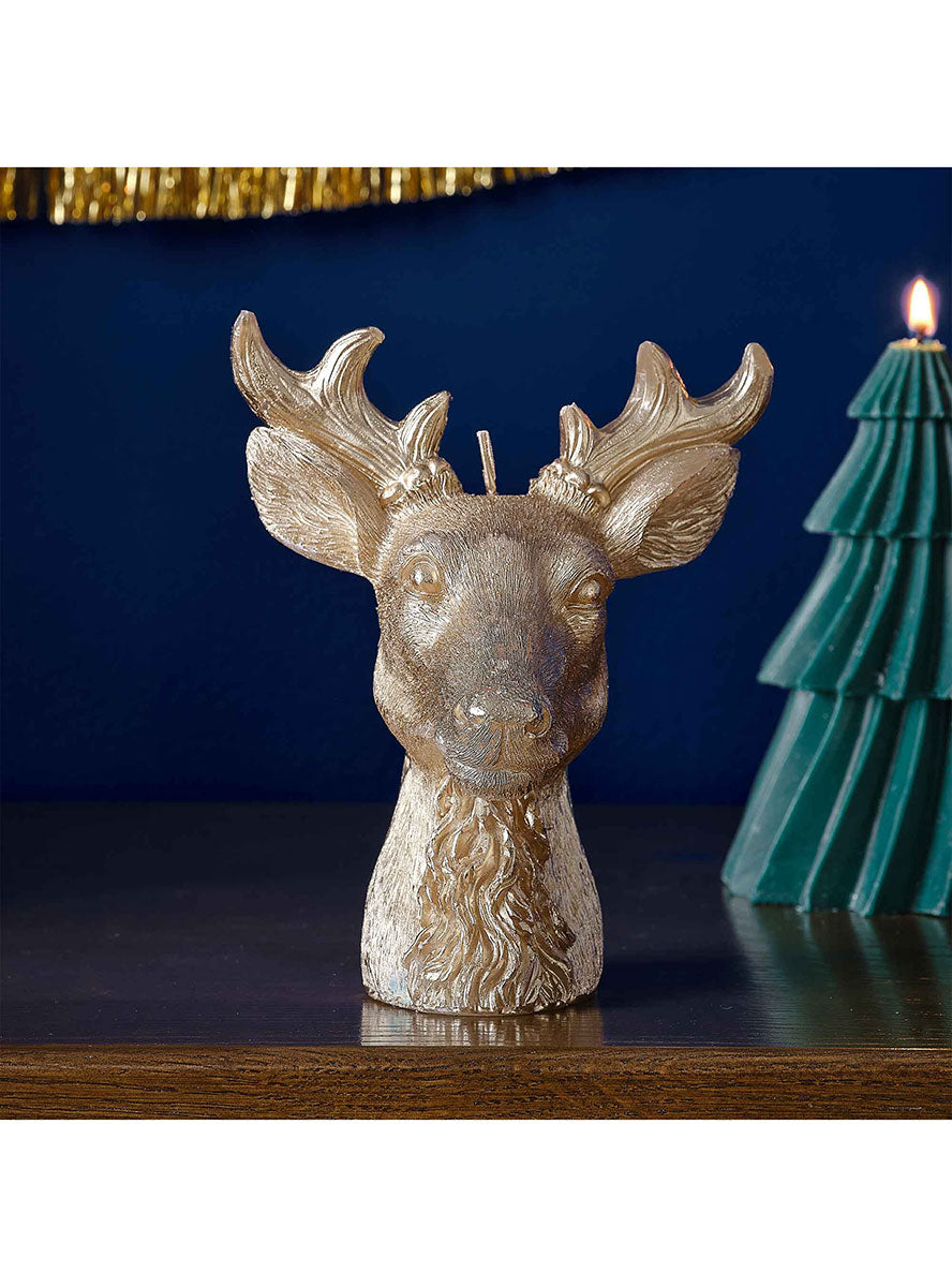 Merry And Bright Gold Reindeer Head Christmas Candle 16cm – Lifestyle Image