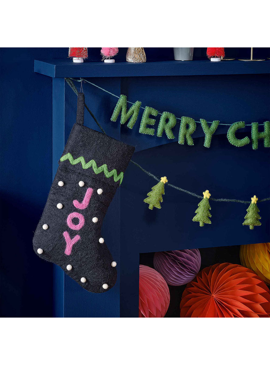 Merry And Bright Navy Blue Joy Christmas Stocking – Lifestyle Image