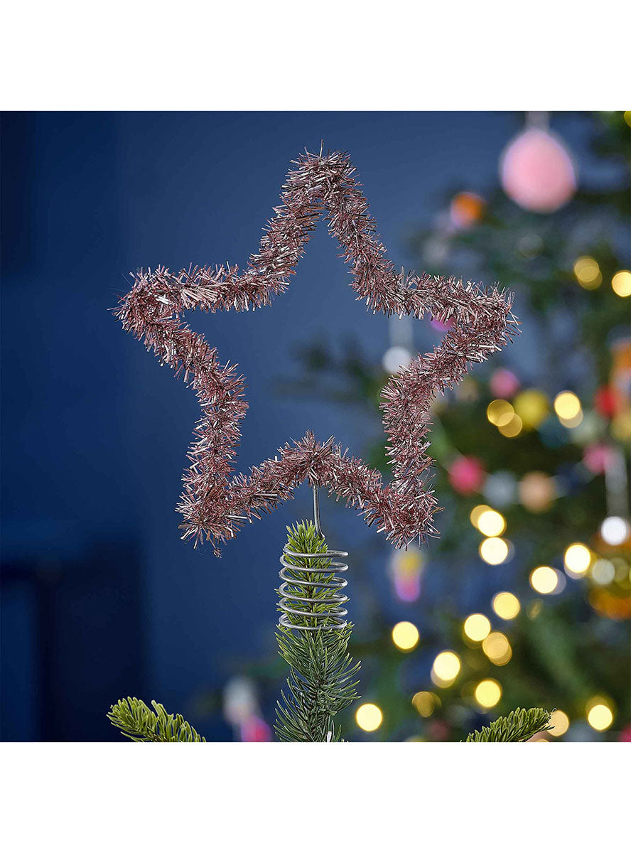 Merry And Bright Pink Tinsel Star Shaped Christmas Tree Topper – Lifestyle Image