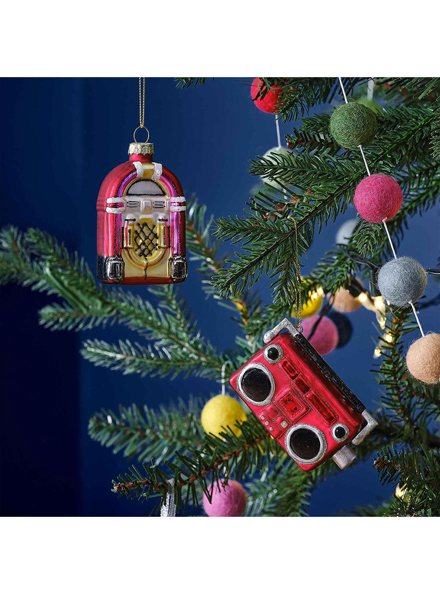 Merry And Bright Retro Music Hanging Christmas Ornaments 2 Pack – Lifestyle Image