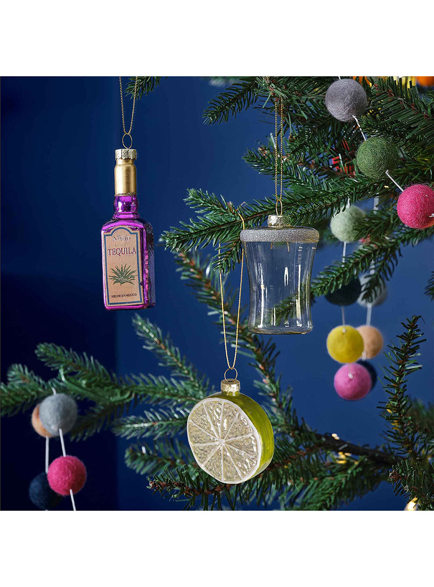 Merry And Bright Tequila Set Hanging Christmas Tree Ornaments 3 Pack – Lifestyle Image