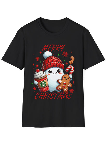 Womens Black Merry Christmas Snow Man Black Christmas Shirt