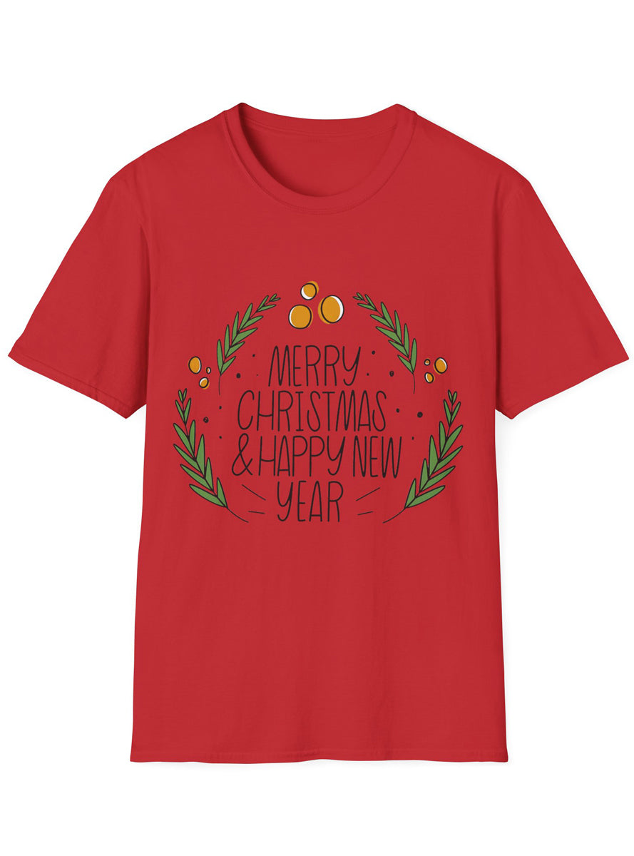 Red Adults Xmas T-Shirt with Merry Christmas Wreath Print