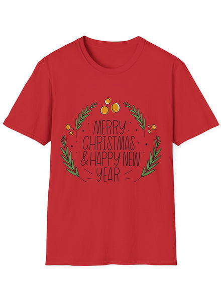 Red Adults Xmas T-Shirt with Merry Christmas Wreath Print