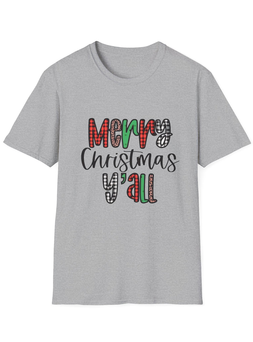 Adults Grey Xmas T-Shirt with Merry Christmas Y’all Print