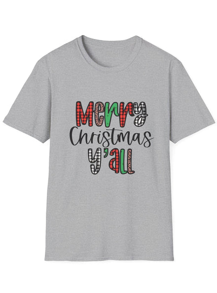 Adults Grey Xmas T-Shirt with Merry Christmas Y’all Print