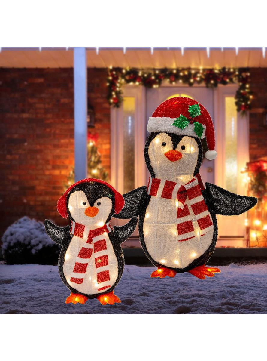 Mesh Tinsel 2 Piece Happy Penguins Light Up Christmas Decorations - Main Image