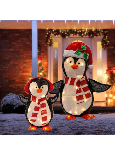 Mesh Tinsel 2 Piece Happy Penguins Light Up Christmas Decorations - Main Image