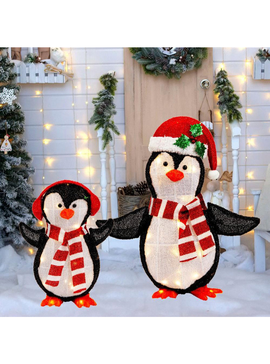 Mesh Tinsel 2 Piece Happy Penguins Light Up Christmas Decorations - Alternate Image