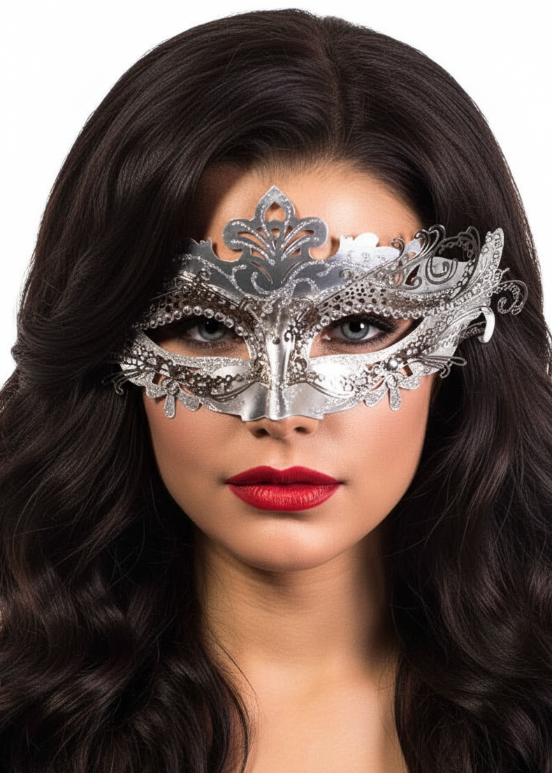 Silver Glitter Metal Masquerade Mask for Women - Main Image