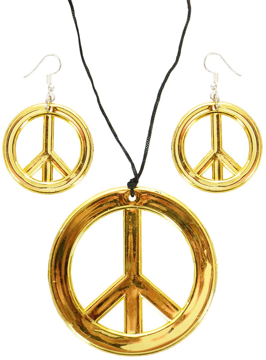 Gold 70's Peace Sign Hippie Necklace and Earrings Set