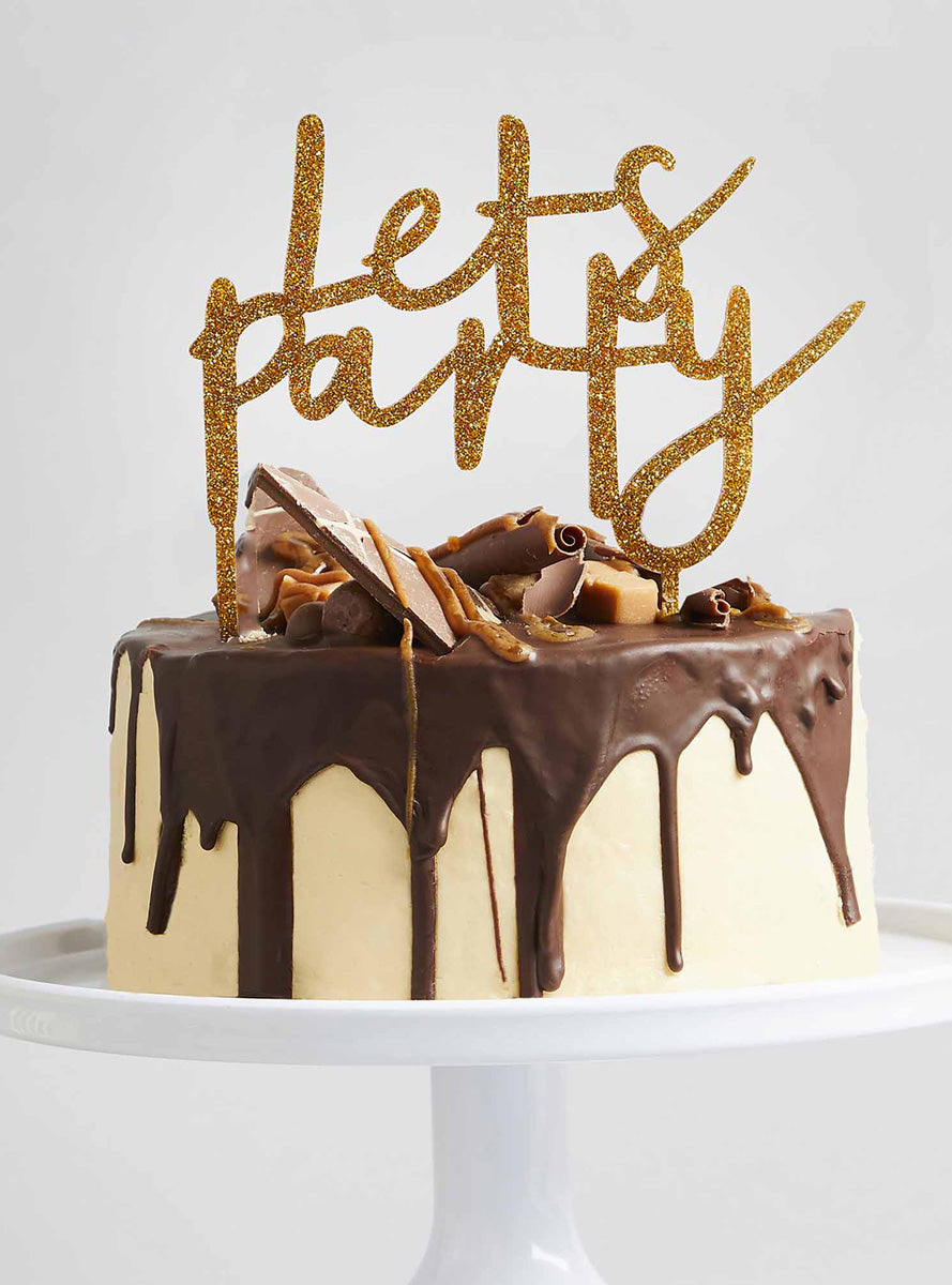 Metallic Mix Up 20cm Gold Glitter Lets Party Acrylic Cake Topper - Lifestyle Image