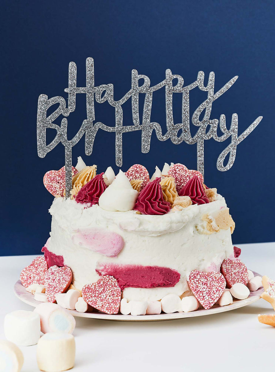 Metallic Mix Up 20cm Silver Glitter Happy Birthday Acrylic Cake Topper - Lifestyle Image