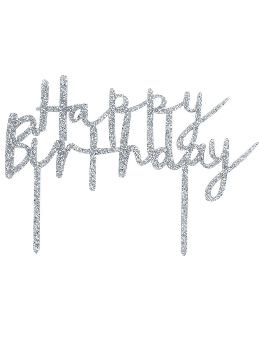 Metallic Mix Up 20cm Silver Glitter Happy Birthday Acrylic Cake Topper - Main Image