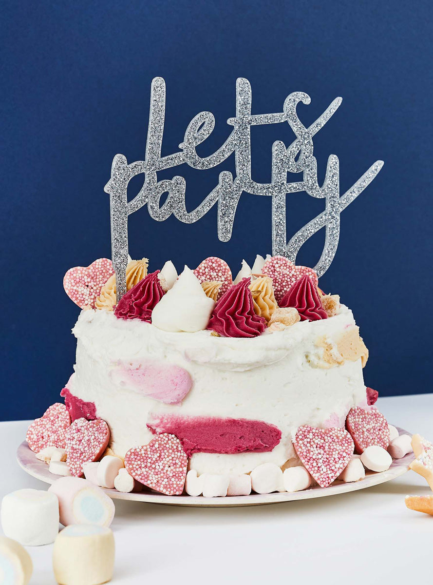 Metallic Mix Up 20cm Silver Glitter Lets Party Acrylic Cake Topper - Lifestyle Image