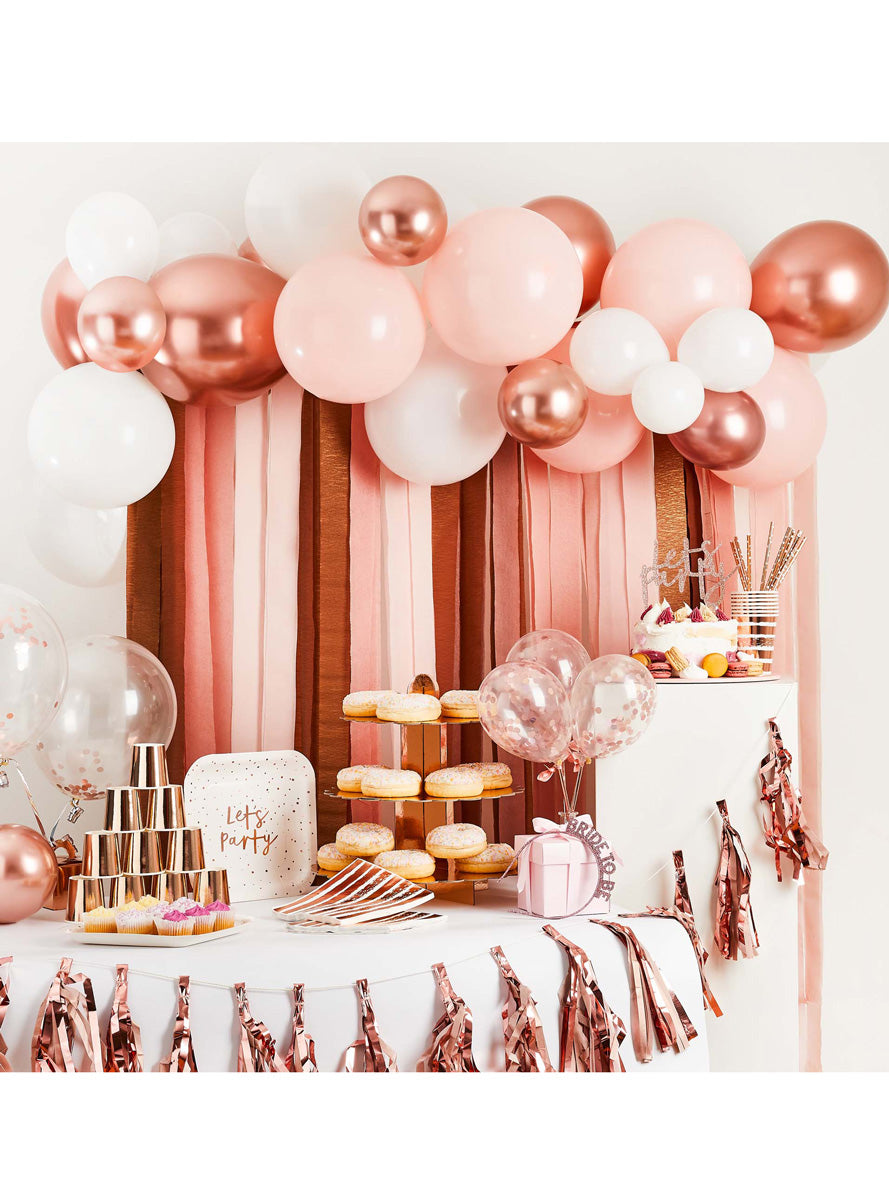 Metallic Mix Up 30 Piece Rose Gold Balloon and Streamer Backdrop Kit - Lifestyle Image 1