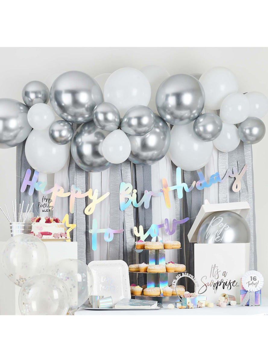 Metallic Mix Up 30 Piece Silver Balloon and Streamer Backdrop Kit - Lifestyle Image 1