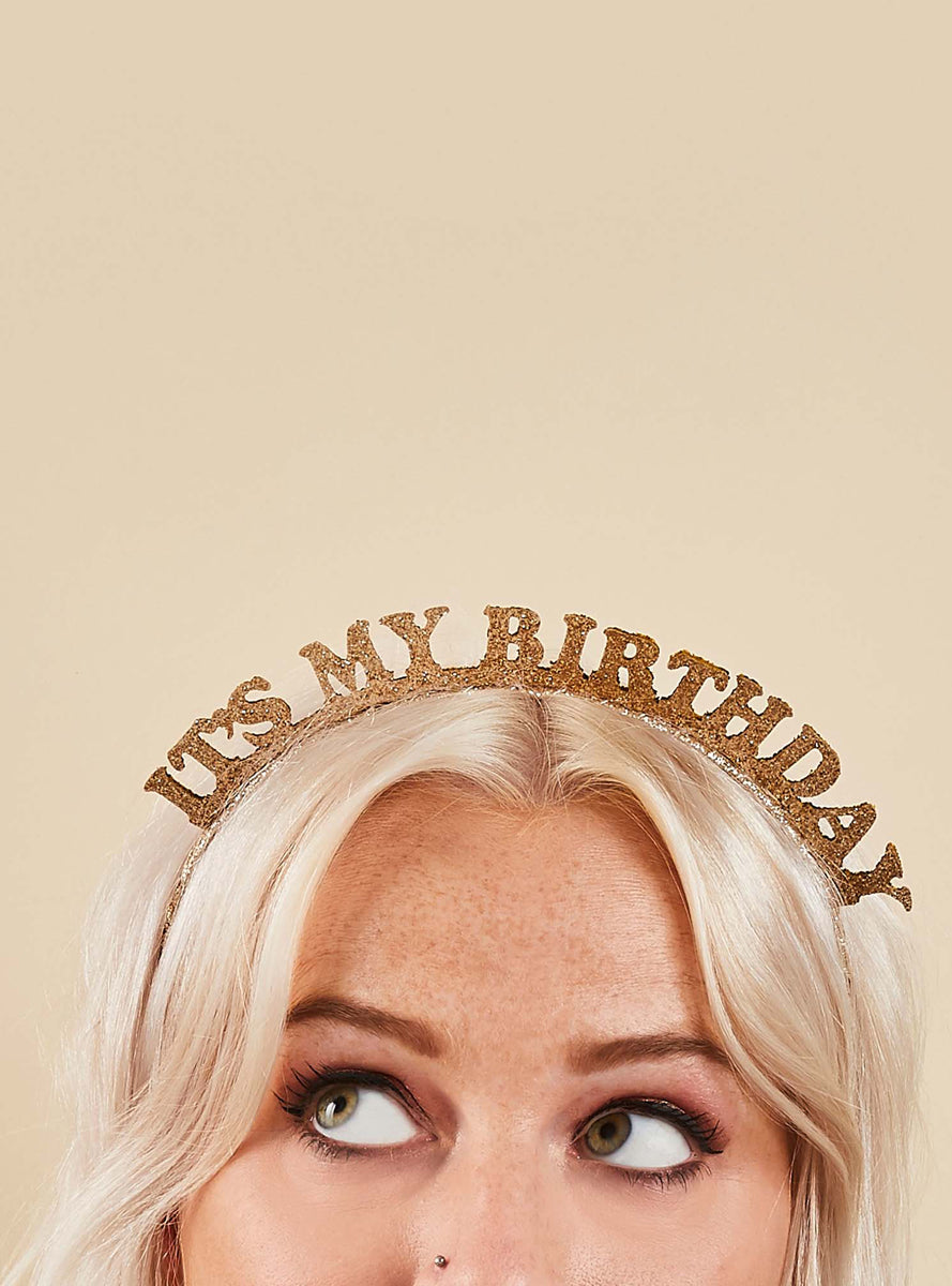 Metallic Mix-Up Gold Glitter Its My Birthday Headband - Lifestyle Image