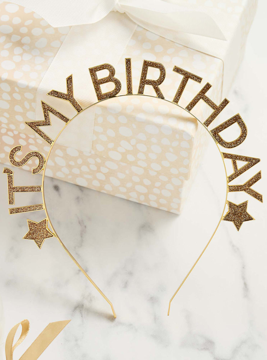 Metallic Mix Up Gold Stars and Glitter Its My Birthday Headband - Lifestyle Image
