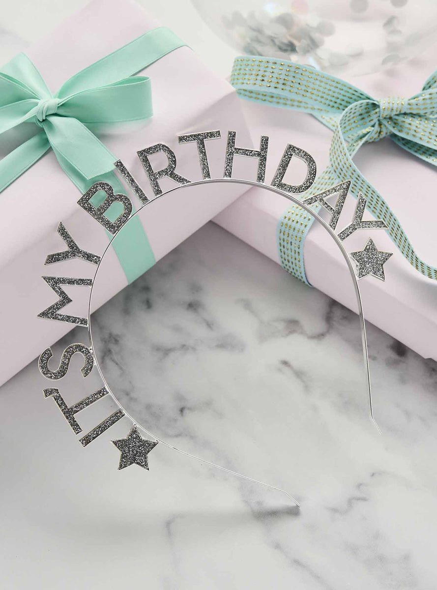 Metallic Mix Up Silver Stars and Glitter Its My Birthday Headband - Lifestyle Image