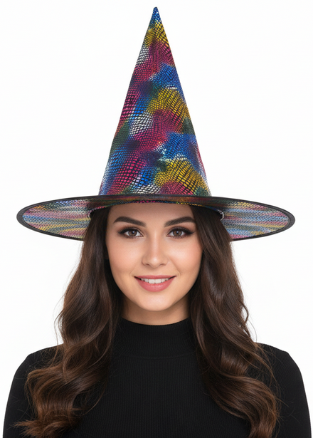 Image of Metallic Rainbow Snake Skin Print Witch Hat Accessory - Main Image
