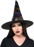 Womens Black Witch Hat with Rainbow Spiderweb Print - Main Image