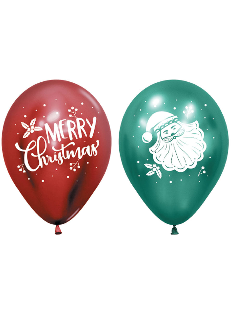 Metallic Reflex Red And Green Merry Christmas And Santa 12 Pack 30Cm Latex Balloons - Main Image