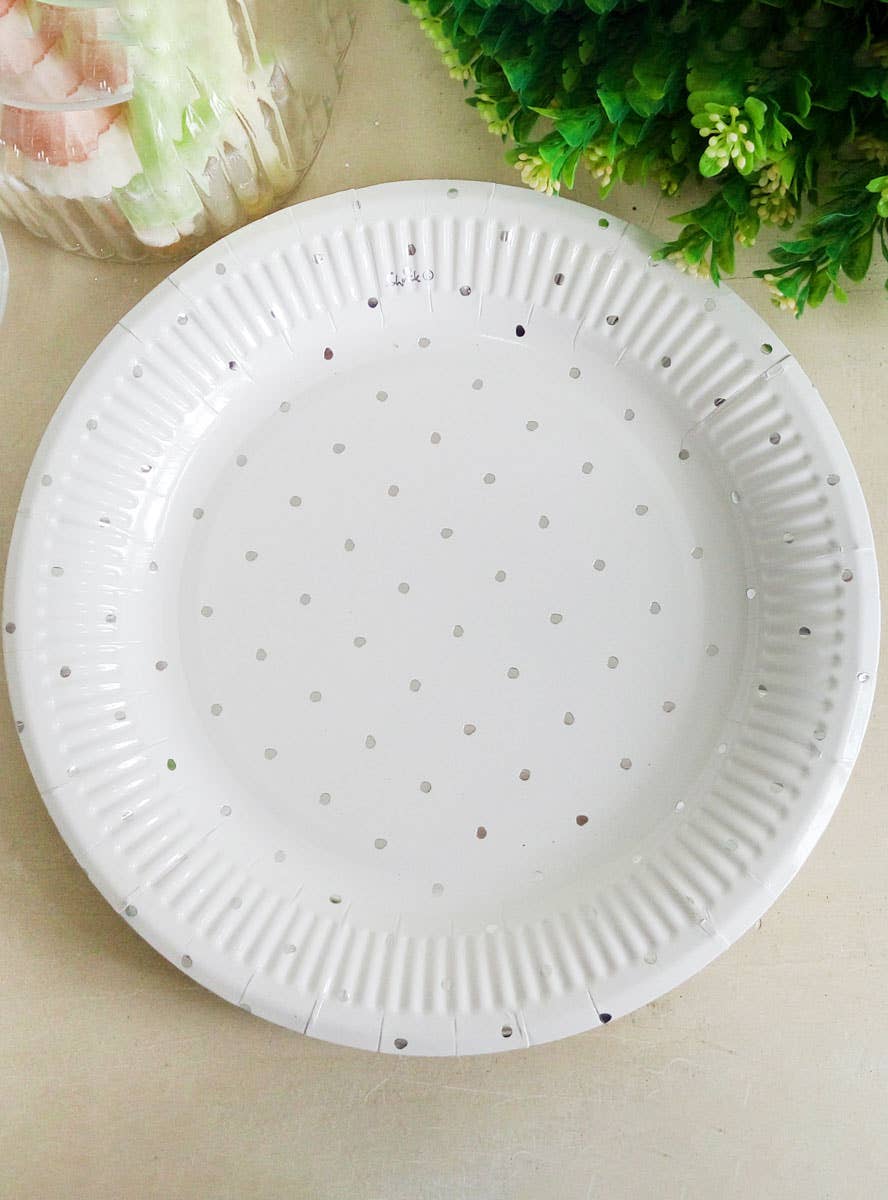 Image of Silver and White Polka Dot 12 Pack 23cm Paper Plates
