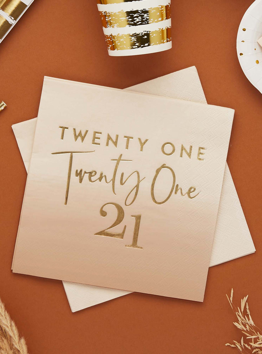 Milestone Birthday 16 Pack Gold Foiled 21st Lunch Napkins - Lifestyle Image