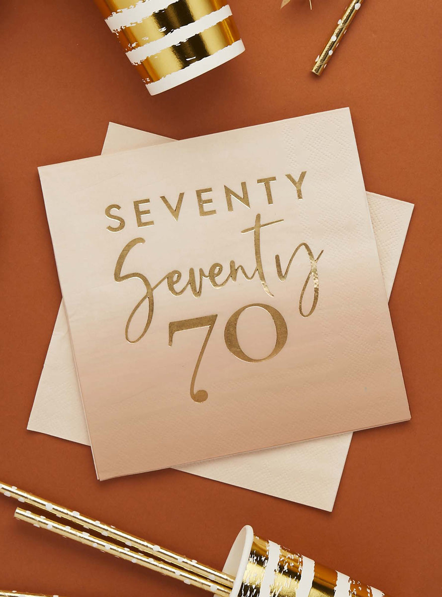 Milestone Birthday 16 Pack Gold Foiled 70th Lunch Napkins - Lifestyle Image