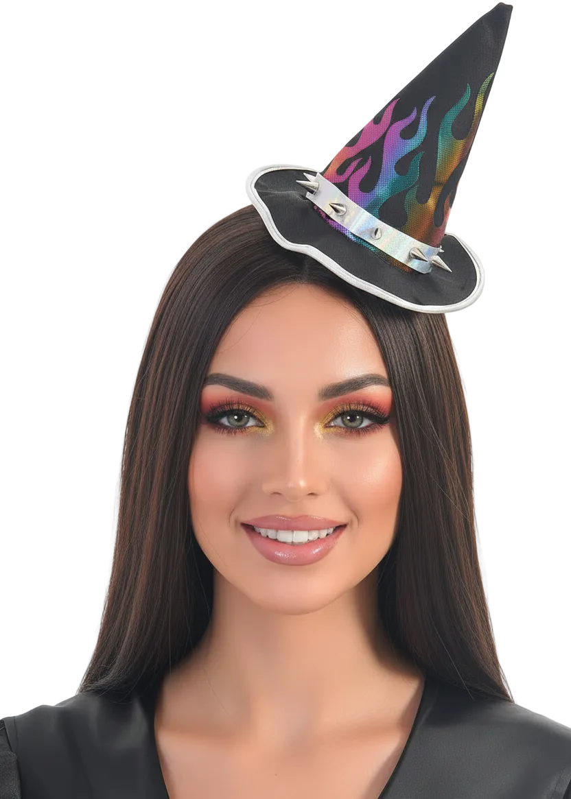 Mini Spiked Rainbow Flame Witch Hat on Headband - Main Image