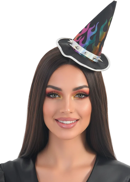 Mini Spiked Rainbow Flame Witch Hat on Headband - Main Image