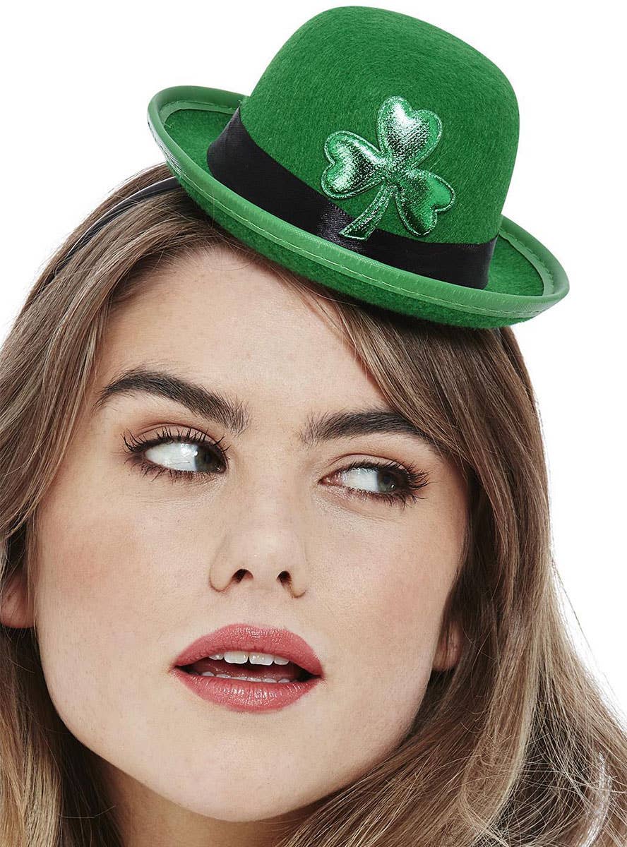 Green Clover St Patrick's Day Mini Bowler  Hat on Headband