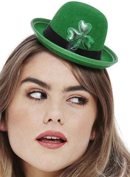 Green Clover St Patrick's Day Mini Bowler  Hat on Headband
