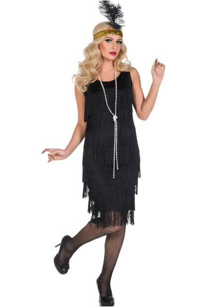 Womens Long Black 1920s Fringed Flapper Dress Costume - Main Image