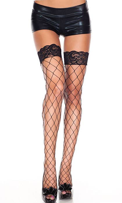 Black Diamond Net Women's Thigh High Stockings with Lace Tops